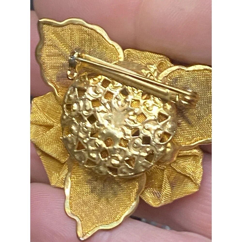 Vintage Gold Tone Mesh Triple Rose Flower Brooch Pin Statement 2.25in Flawed